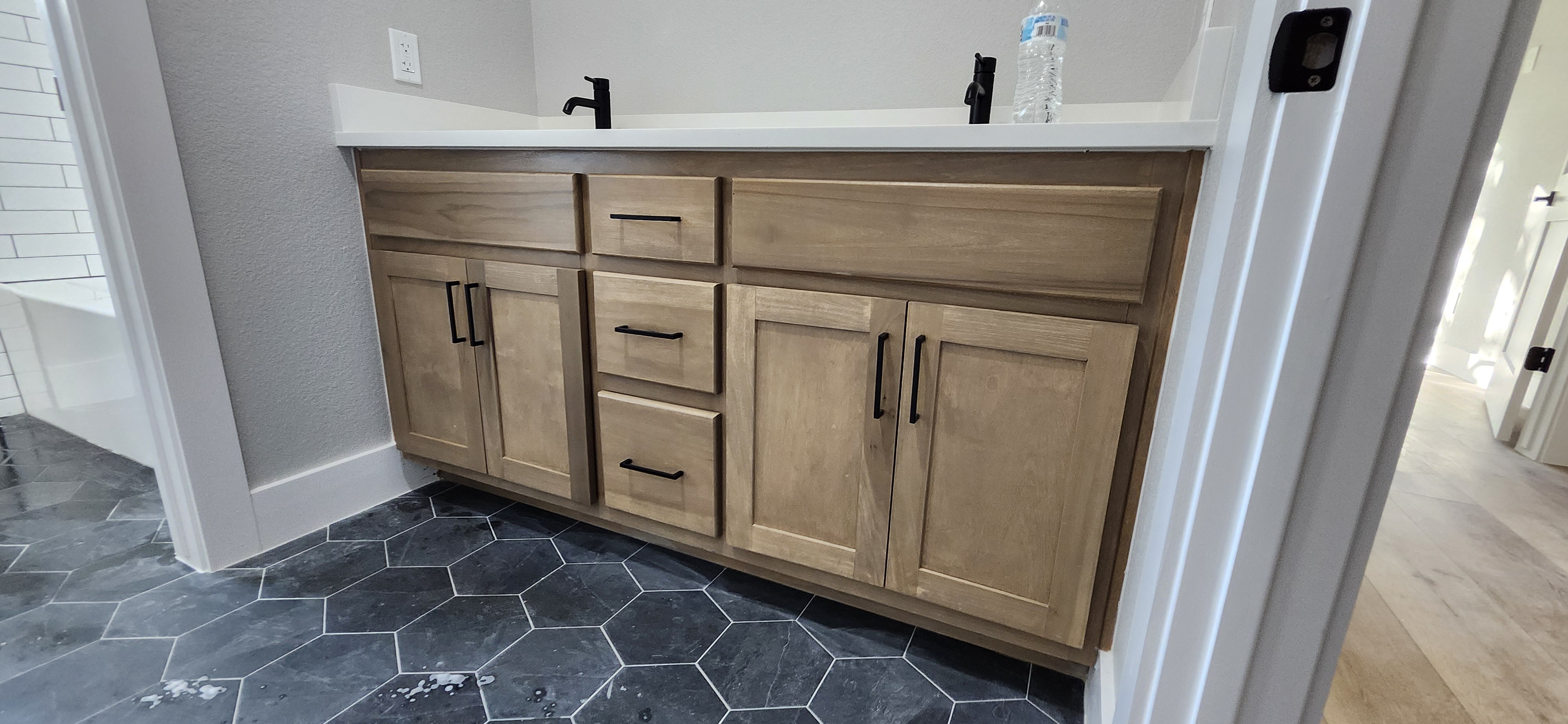 Master bath double vanity custom wood hex tile floor